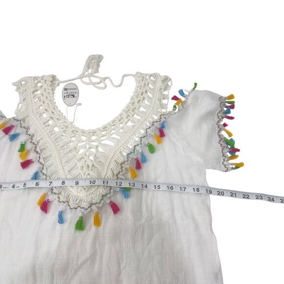 Ten Design White Crochet Tassel Coverup Dress SZ S Colorful Fringe Semi Sheer - Picture 7 of 12